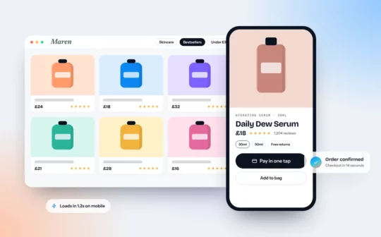 Ecommerce product page with one-tap checkout on mobile and desktop