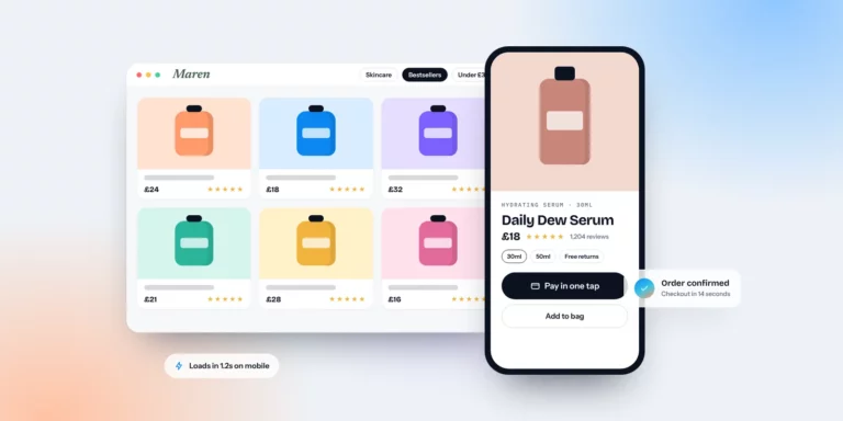 Ecommerce product page with one-tap checkout on mobile and desktop