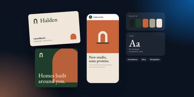 A brand identity applied consistently to a business card, social post and phone