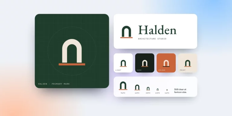 A logo system: primary mark, full logo, light and dark versions, and favicon sizes