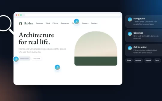 Website with numbered UI/UX review notes on navigation, contrast and call to action