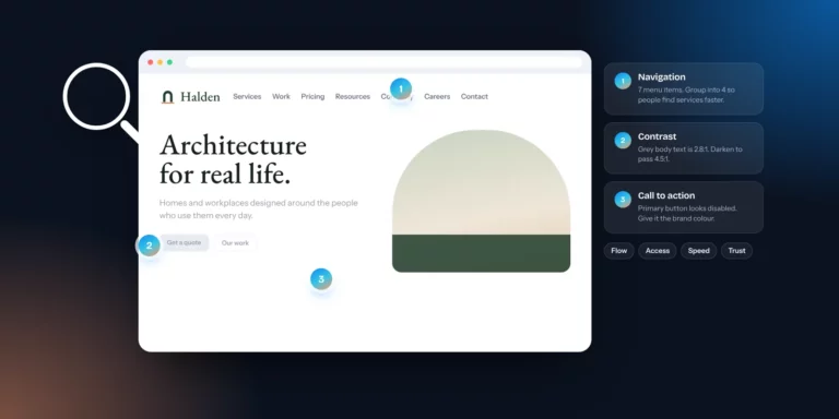 Website with numbered UI/UX review notes on navigation, contrast and call to action