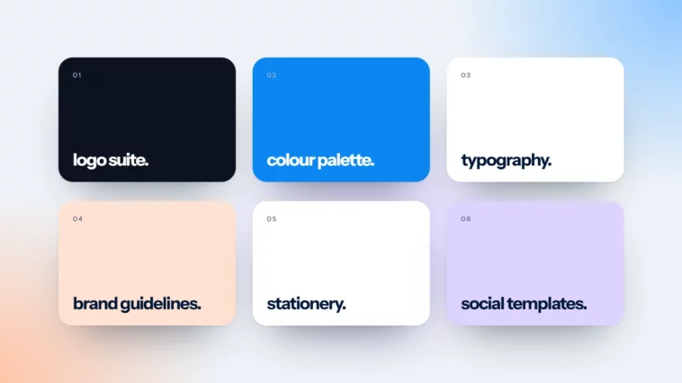 Six parts of a brand identity package: logo suite, colour palette, typography, guidelines, stationery and social templates