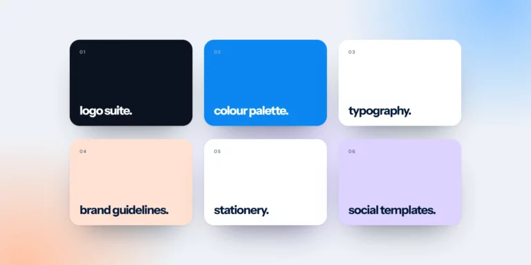 Six parts of a brand identity package: logo suite, colour palette, typography, guidelines, stationery and social templates