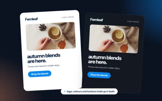 The same email design in light mode and dark mode