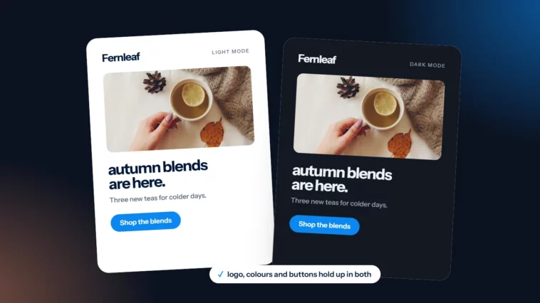 The same email design in light mode and dark mode