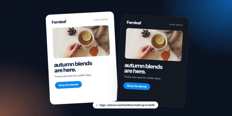 The same email design in light mode and dark mode