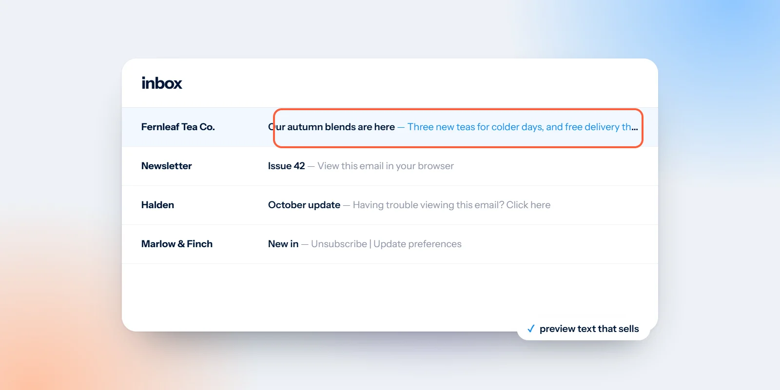An email inbox with one message whose preview text is highlighted