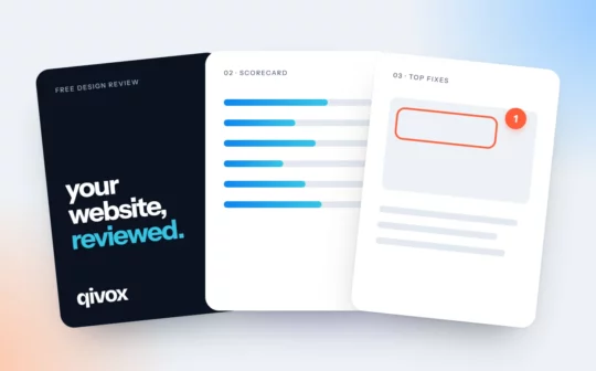 Three pages of a free design review: cover, scorecard and annotated fixes