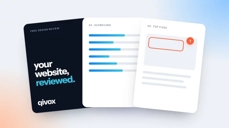 Three pages of a free design review: cover, scorecard and annotated fixes