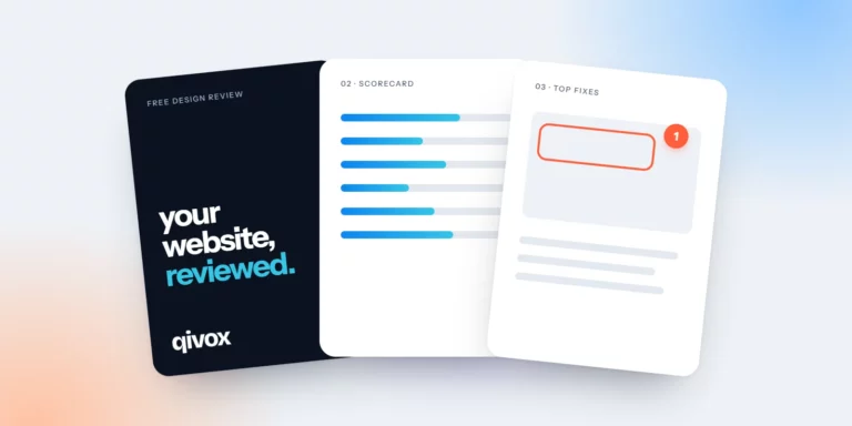 Three pages of a free design review: cover, scorecard and annotated fixes