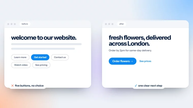 Two web pages compared: five competing buttons versus one clear main button