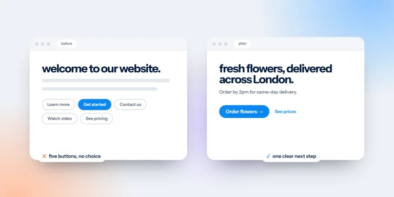 Two web pages compared: five competing buttons versus one clear main button