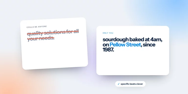 Generic website copy crossed out next to specific copy that only one business could write
