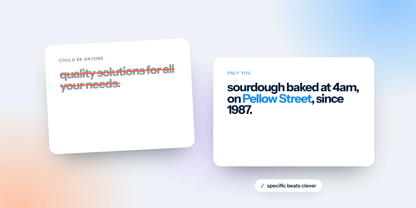 Generic website copy crossed out next to specific copy that only one business could write
