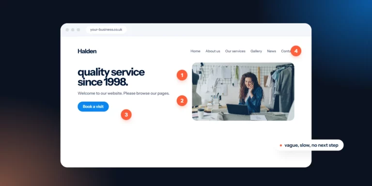 A vague homepage marked with numbered problem points