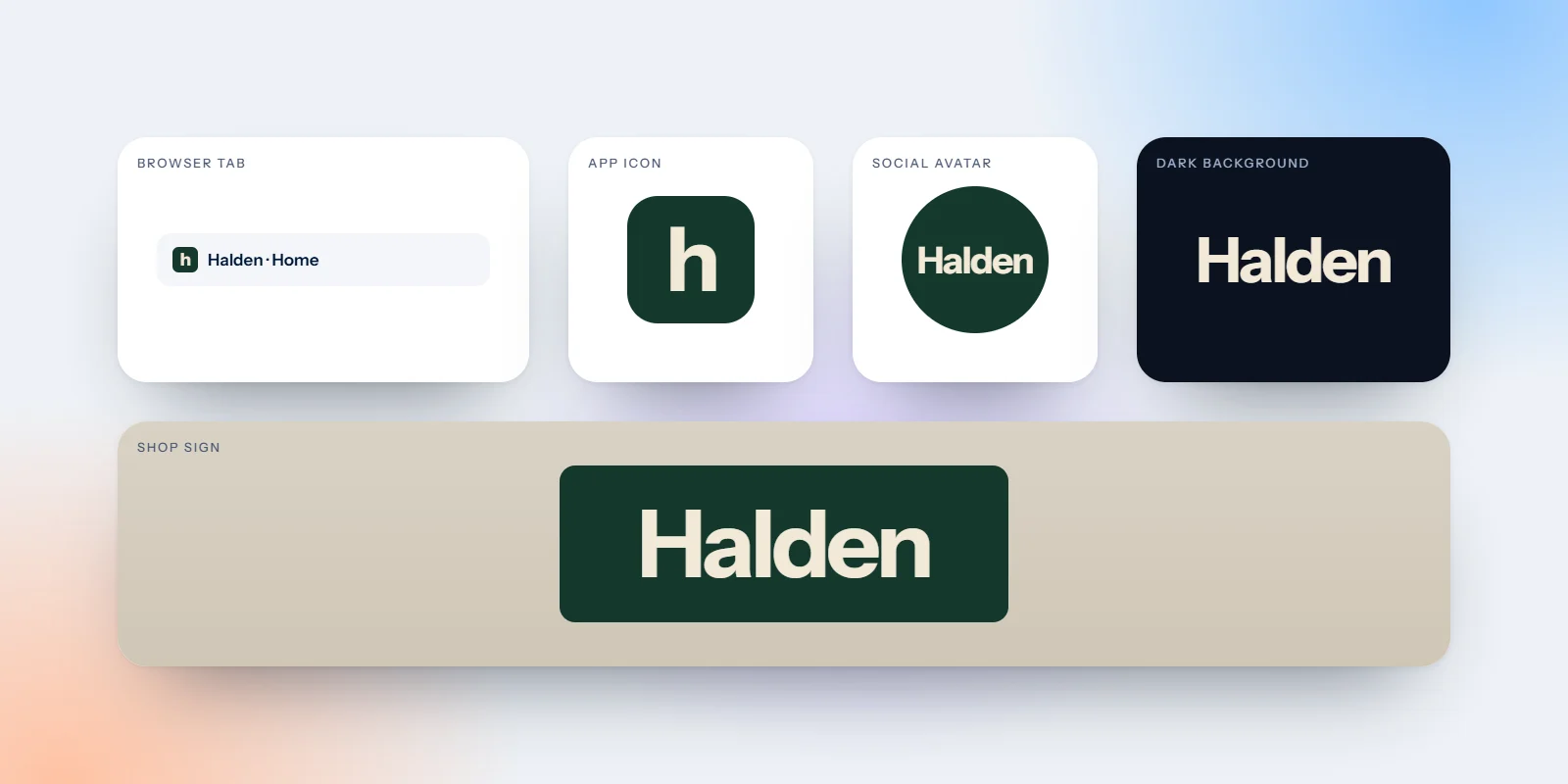 One logo tested in a browser tab, app icon, social avatar, dark background and shop sign