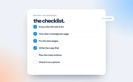 A website redesign checklist with four of six items ticked