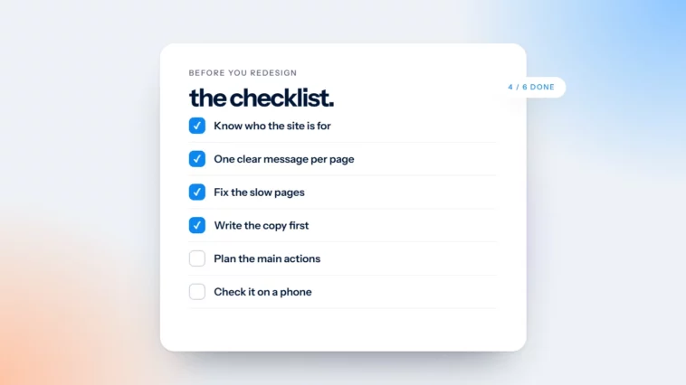 A website redesign checklist with four of six items ticked