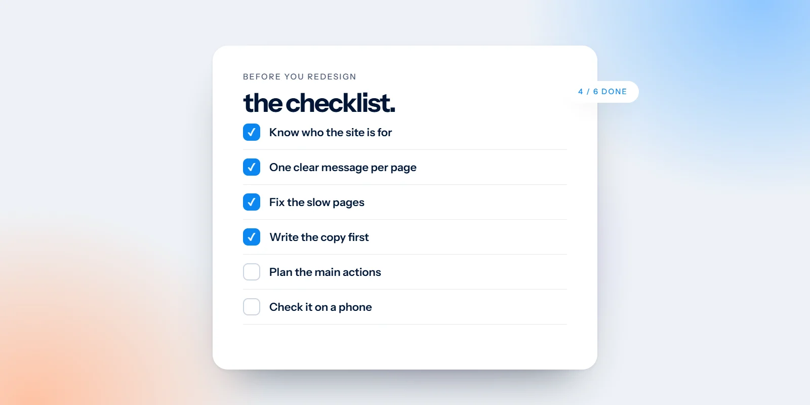A website redesign checklist with four of six items ticked