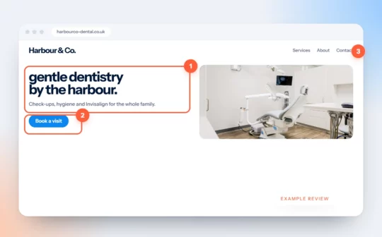 An example dental practice homepage annotated with review notes