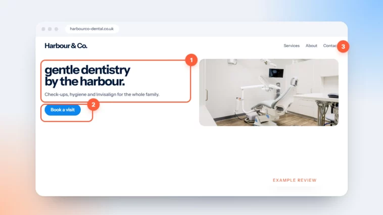 An example dental practice homepage annotated with review notes