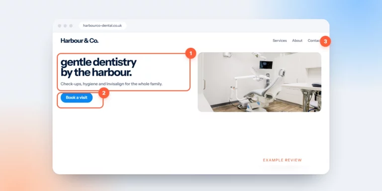 An example dental practice homepage annotated with review notes