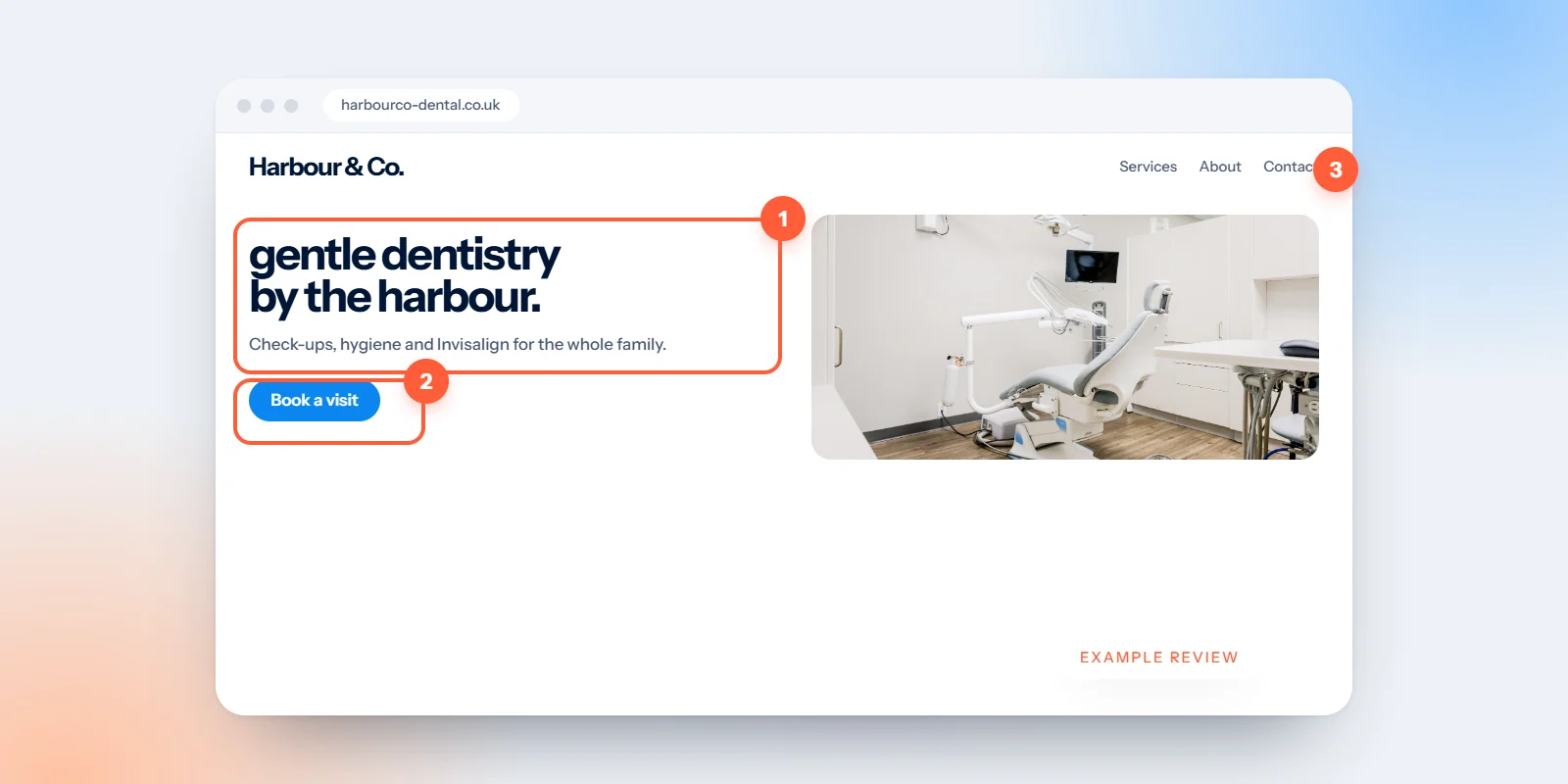 An example dental practice homepage annotated with review notes