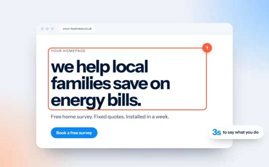 A homepage with a large, clear headline circled, and a note: three seconds to say what you do