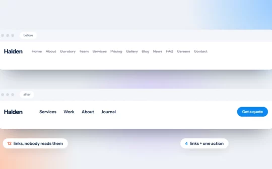 A cluttered twelve-link menu compared with a simple four-link menu and one button