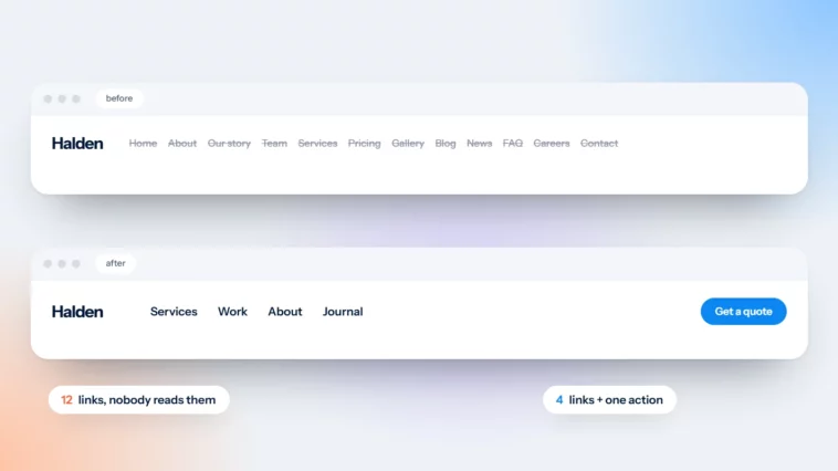 A cluttered twelve-link menu compared with a simple four-link menu and one button