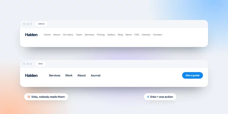 A cluttered twelve-link menu compared with a simple four-link menu and one button